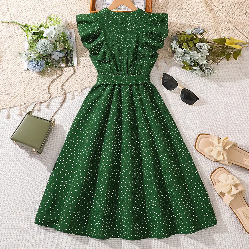 Children Clothing Solid Color Green V-Neck Wing Sleeve Polka Dot A-Line Dress For Girls 8-12 Years Summer Frenchy Daliy Casual