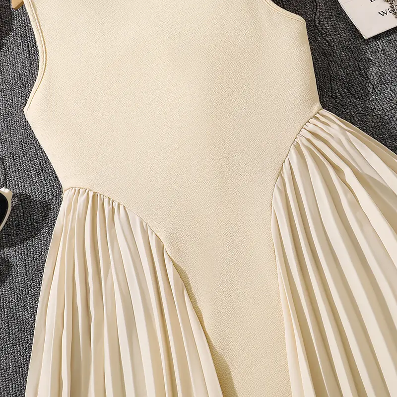 Summer Hot Sale Solid Color Beige Sleeveless O-Neck Draped A-Line Dress For Girls 8-12 Years Daily Casual Elegant Dance Clothing