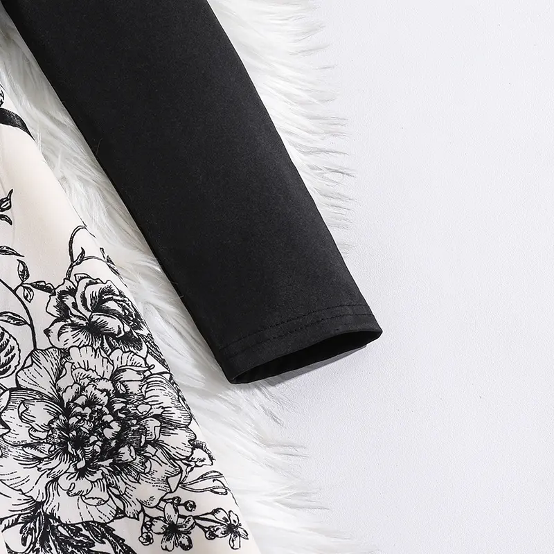 2025 Autumn New Hot Sale Children's Set Black Print O-Neck Long Sleeve A-Line Dress For Girls 8-12 Years Daily Simple Clothing