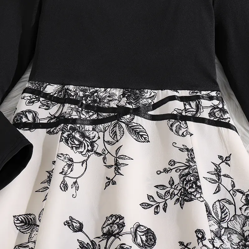 2025 Autumn New Hot Sale Children's Set Black Print O-Neck Long Sleeve A-Line Dress For Girls 8-12 Years Daily Simple Clothing