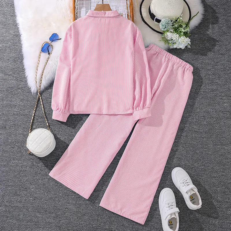 Kids Costume Suit For 4-12 Years Girls Pink Striped Long Sleeve Lapel Cardigan Shirt & Pants Daily Causal Style Comfortable Suit