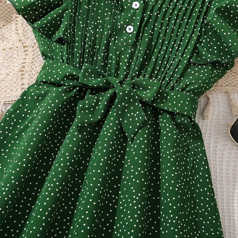 Children Clothing Solid Color Green V-Neck Wing Sleeve Polka Dot A-Line Dress For Girls 8-12 Years Summer Frenchy Daliy Casual