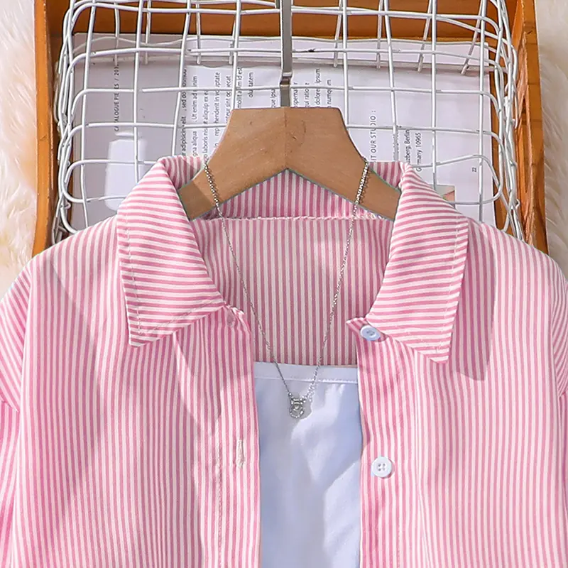 Kids Costume Suit For 4-12 Years Girls Pink Striped Long Sleeve Lapel Cardigan Shirt & Pants Daily Causal Style Comfortable Suit