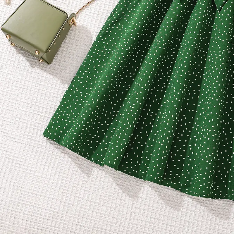Children Clothing Solid Color Green V-Neck Wing Sleeve Polka Dot A-Line Dress For Girls 8-12 Years Summer Frenchy Daliy Casual