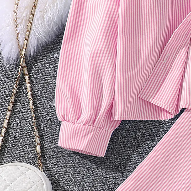 Kids Costume Suit For 4-12 Years Girls Pink Striped Long Sleeve Lapel Cardigan Shirt & Pants Daily Causal Style Comfortable Suit