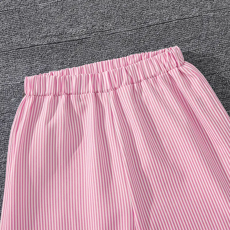 Kids Costume Suit For 4-12 Years Girls Pink Striped Long Sleeve Lapel Cardigan Shirt & Pants Daily Causal Style Comfortable Suit