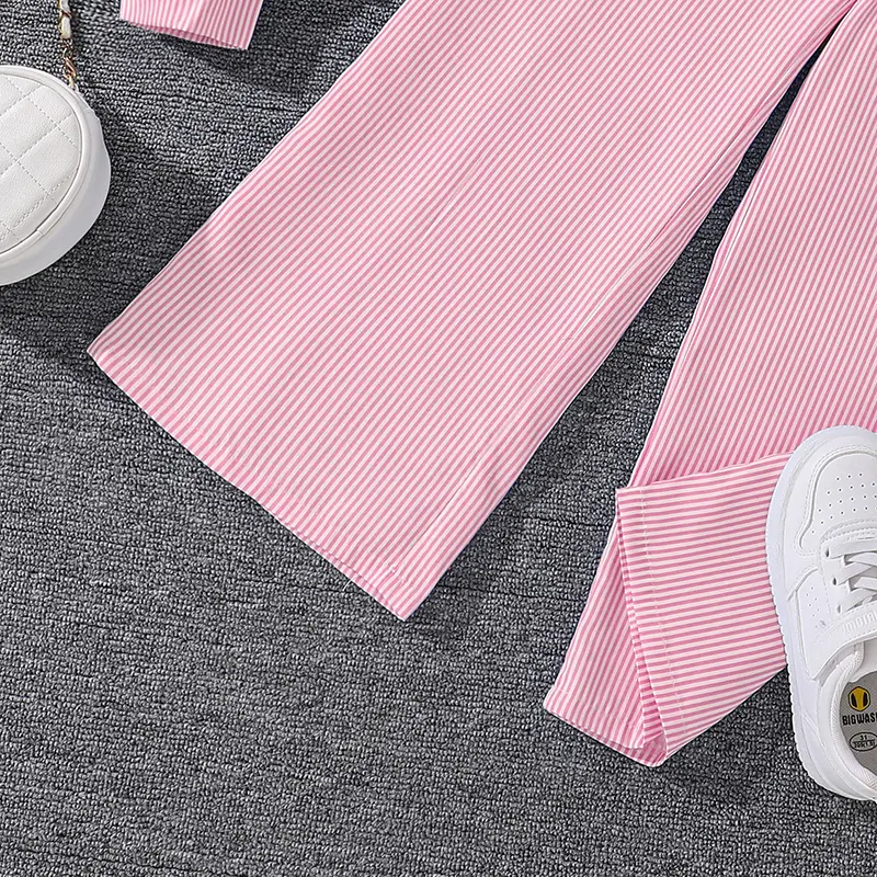 Kids Costume Suit For 4-12 Years Girls Pink Striped Long Sleeve Lapel Cardigan Shirt & Pants Daily Causal Style Comfortable Suit