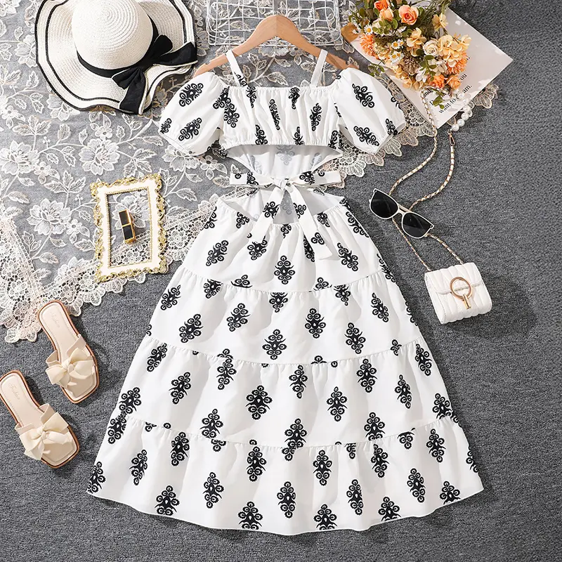 Children Dress White Off-shoulder Puff-Sleeve Waist Openwork Maxi Dress Elegant Style Tween Girls Vacation Costume Dating Beach