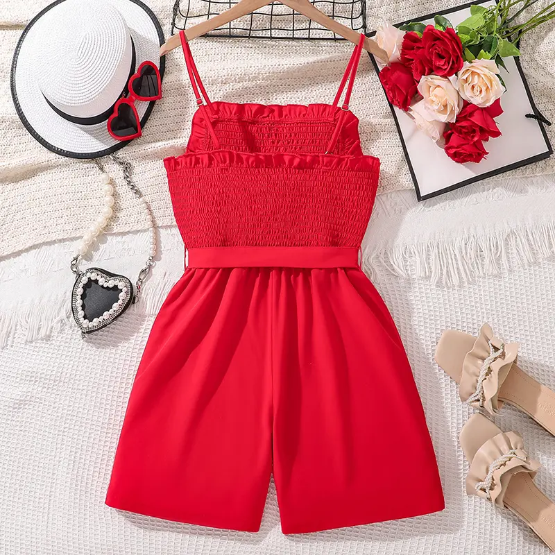 Tween Girls Jumpsuits Solid Red Shirred -Bodice Belted Sleeveless Short Jumpsuits Summer Girls Costume Kids Jumpsuits