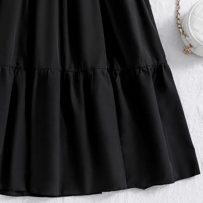 Children Solid Black Maxi Dress V-neck Sleeveless Patchwork Long Dress 8-12 Years Tween Girls Clothes Church Baptism School Gown