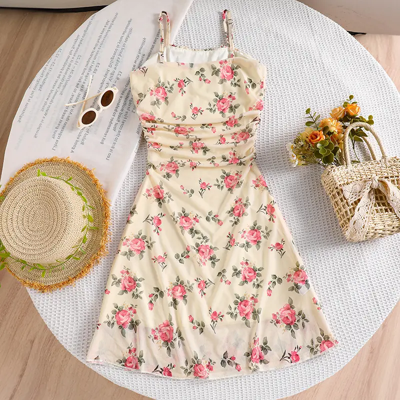 Summer New Sweet Style Kids Clothing Beige Print Sling Winkle A-Line Dress For Girls 8-12 Years Daily Vacation Clothes