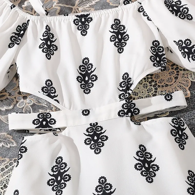 Children Dress White Off-shoulder Puff-Sleeve Waist Openwork Maxi Dress Elegant Style Tween Girls Vacation Costume Dating Beach