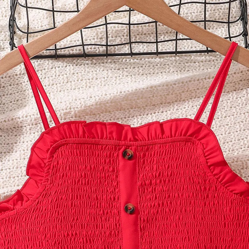 Tween Girls Jumpsuits Solid Red Shirred -Bodice Belted Sleeveless Short Jumpsuits Summer Girls Costume Kids Jumpsuits