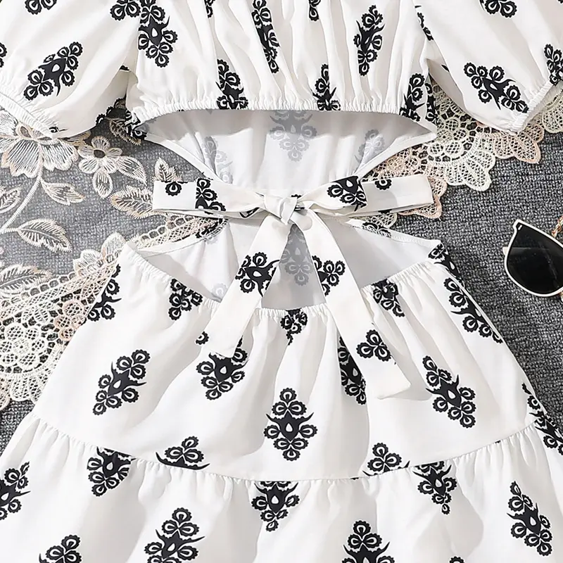 Children Dress White Off-shoulder Puff-Sleeve Waist Openwork Maxi Dress Elegant Style Tween Girls Vacation Costume Dating Beach