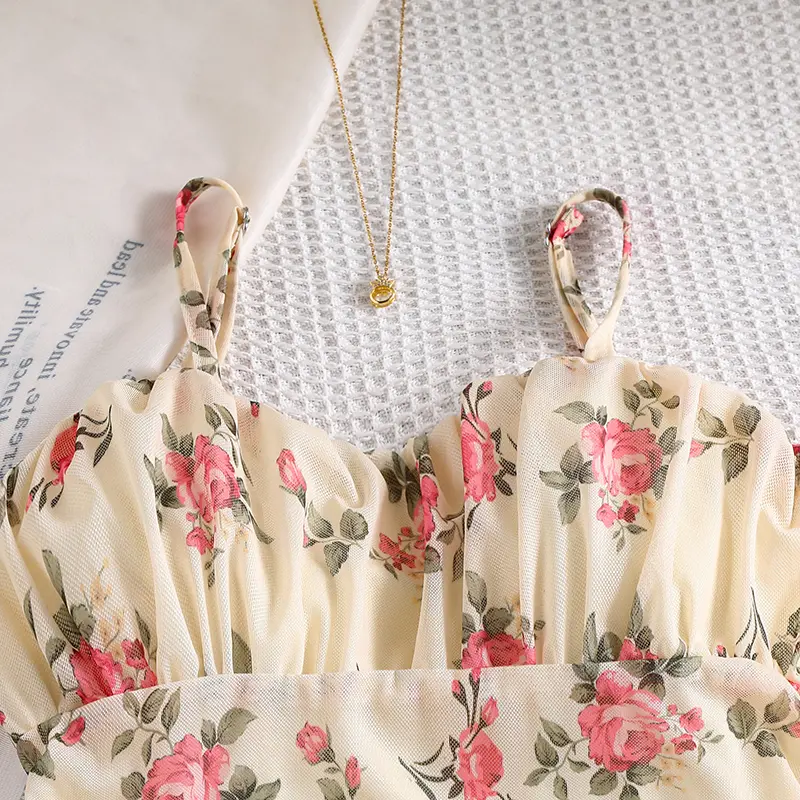 Summer New Sweet Style Kids Clothing Beige Print Sling Winkle A-Line Dress For Girls 8-12 Years Daily Vacation Clothes
