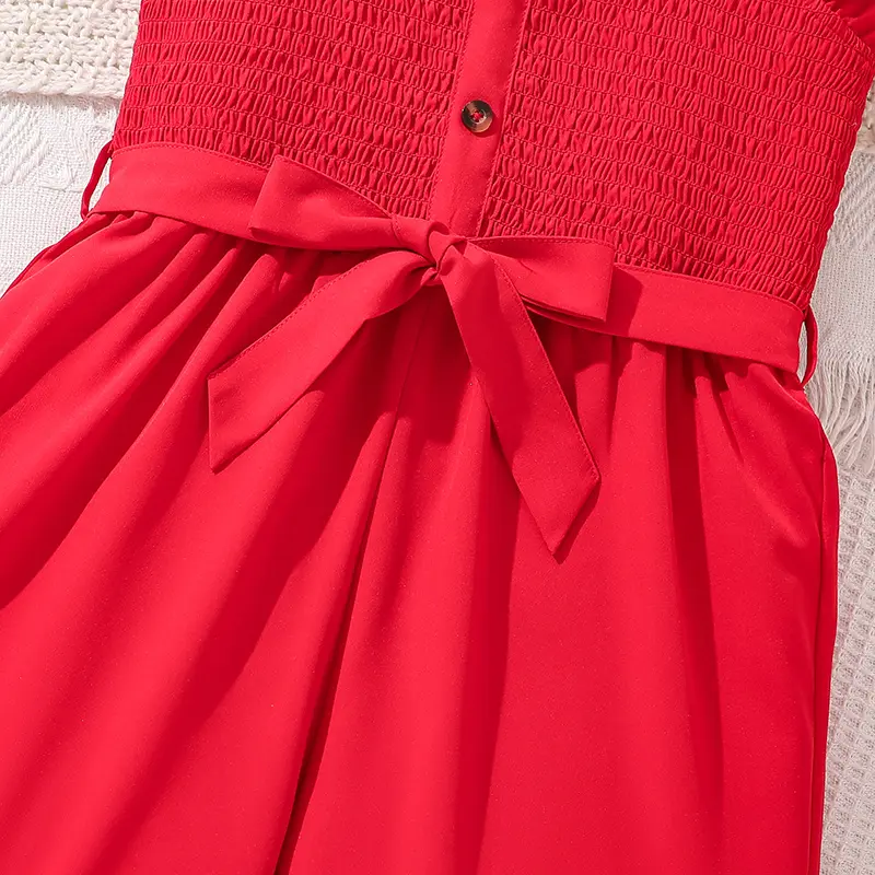 Tween Girls Jumpsuits Solid Red Shirred -Bodice Belted Sleeveless Short Jumpsuits Summer Girls Costume Kids Jumpsuits