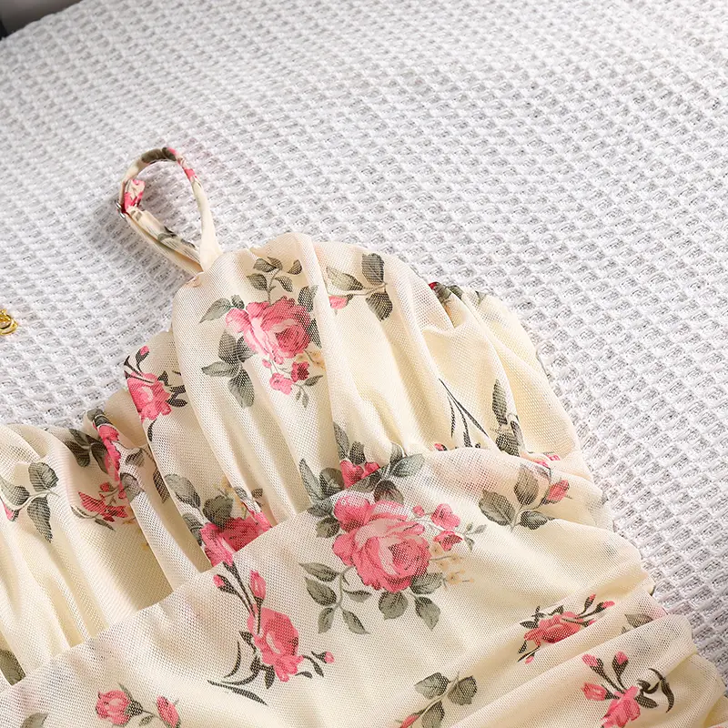 Summer New Sweet Style Kids Clothing Beige Print Sling Winkle A-Line Dress For Girls 8-12 Years Daily Vacation Clothes