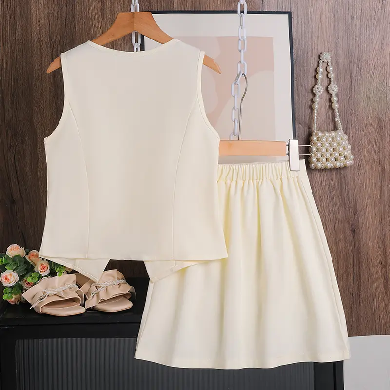 Summer New 2PCS Solid Color White Square Collar Single Breasted Sleeveless Top & Solid Color Skirt For Girls 8-12 Years Elegant
