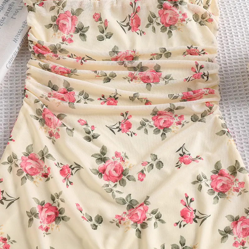 Summer New Sweet Style Kids Clothing Beige Print Sling Winkle A-Line Dress For Girls 8-12 Years Daily Vacation Clothes