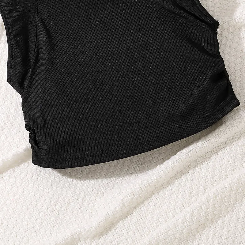 Black Vacation Style Sets Elegant Black Knitted Tank Top & Split Skirt Tween Girls Outfit 8-12 Years Kids Daily Outgoing Suits