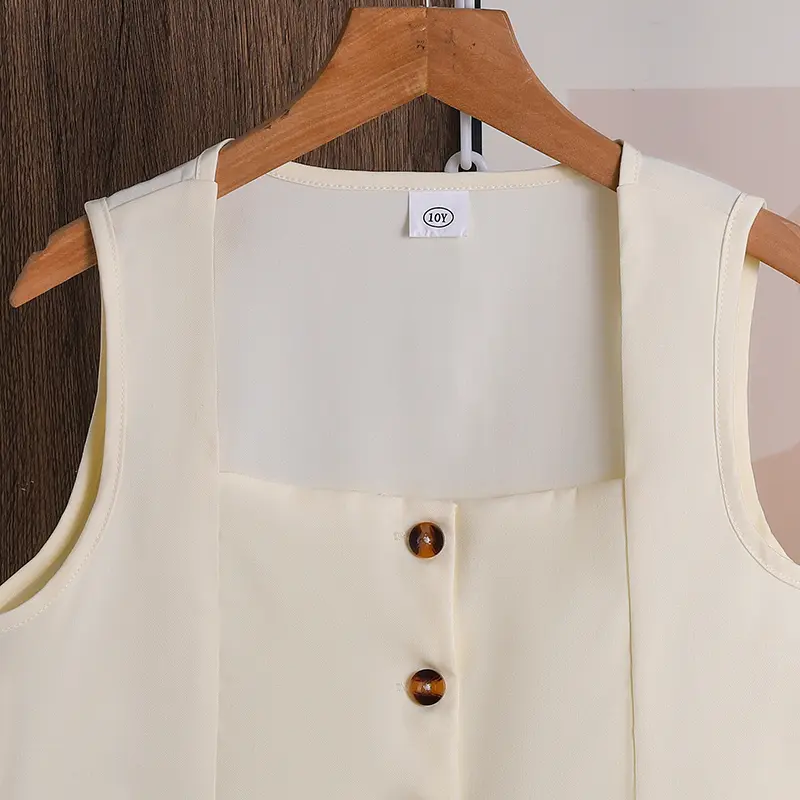 Summer New 2PCS Solid Color White Square Collar Single Breasted Sleeveless Top & Solid Color Skirt For Girls 8-12 Years Elegant