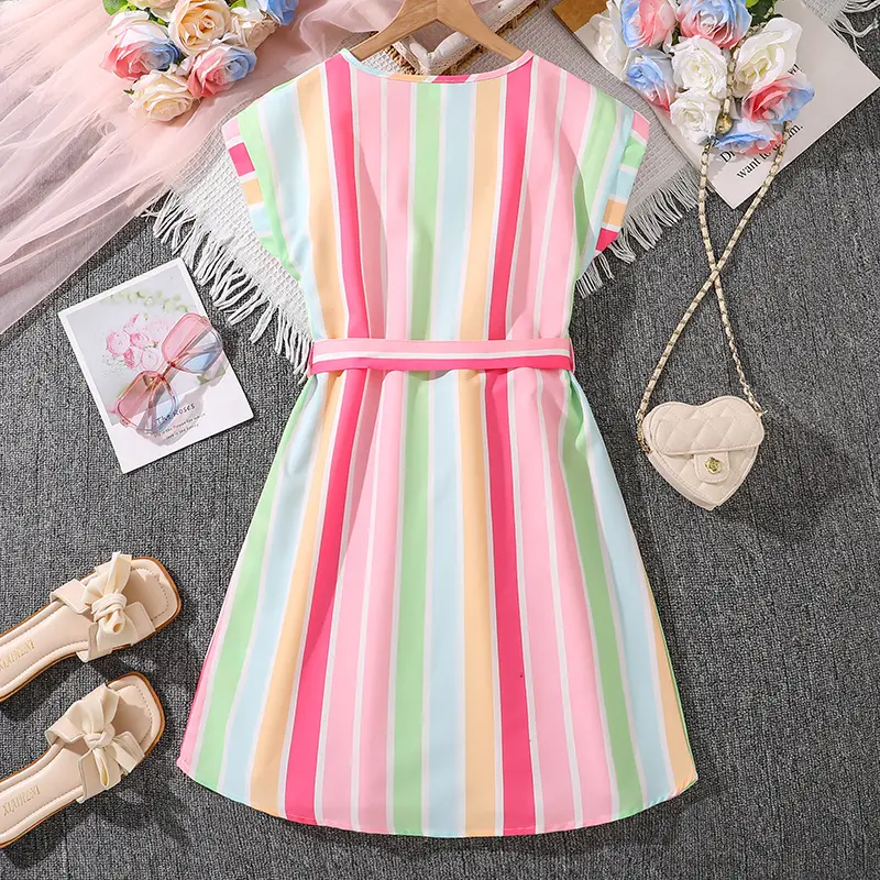 Children Dress Rainbow Color Striped V-Neck Sleeveless Belted Knee-Length Dress Simple Cute Style Daily Kids Clothes Girls