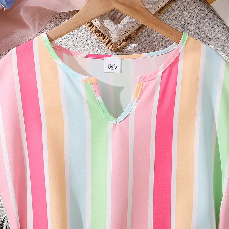 Children Dress Rainbow Color Striped V-Neck Sleeveless Belted Knee-Length Dress Simple Cute Style Daily Kids Clothes Girls