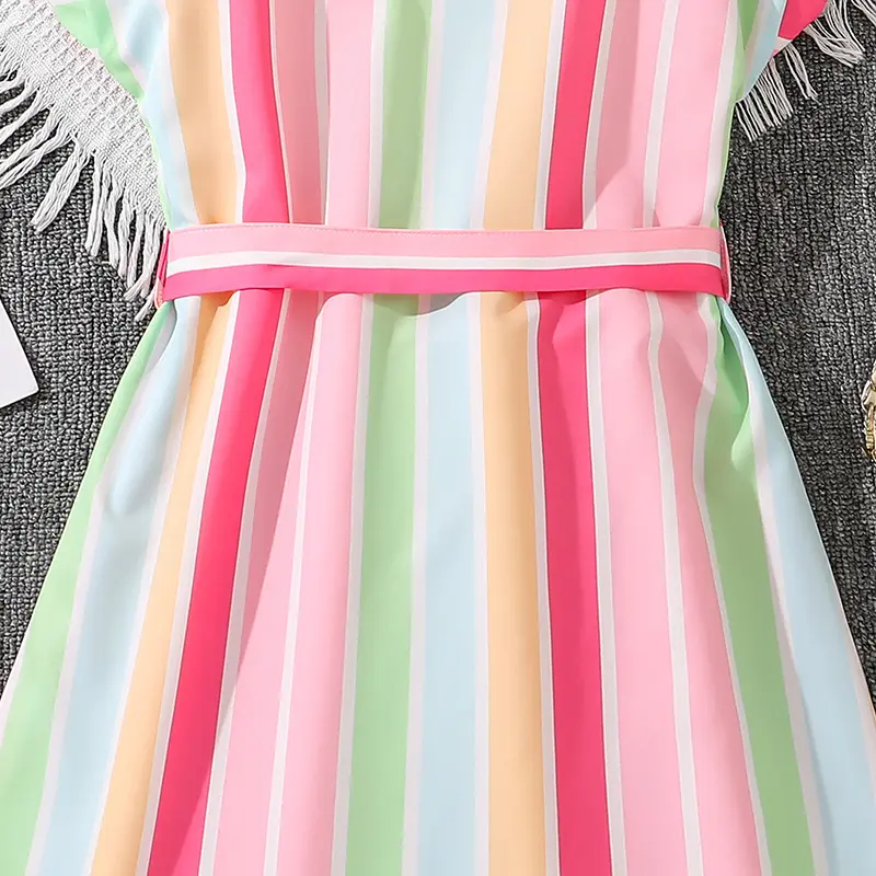 Children Dress Rainbow Color Striped V-Neck Sleeveless Belted Knee-Length Dress Simple Cute Style Daily Kids Clothes Girls