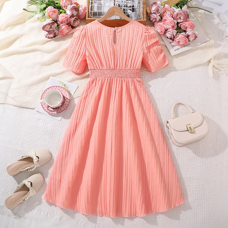 Children Summer 8-12 Years Old Girl Pinkish pin Short Sleeve Puffy Sleeve Dress Elegant Temperament Simple Classic Pleated Dress