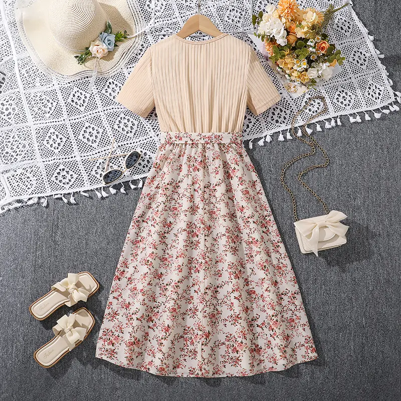 Dress Kids Girl Beige Knitted Belted Floral Patchwork Dress Summer Children Dress Cozy Kids Costume 2025 New OOTD Girls Dress