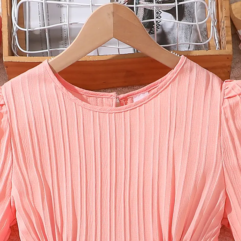 Children Summer 8-12 Years Old Girl Pinkish pin Short Sleeve Puffy Sleeve Dress Elegant Temperament Simple Classic Pleated Dress
