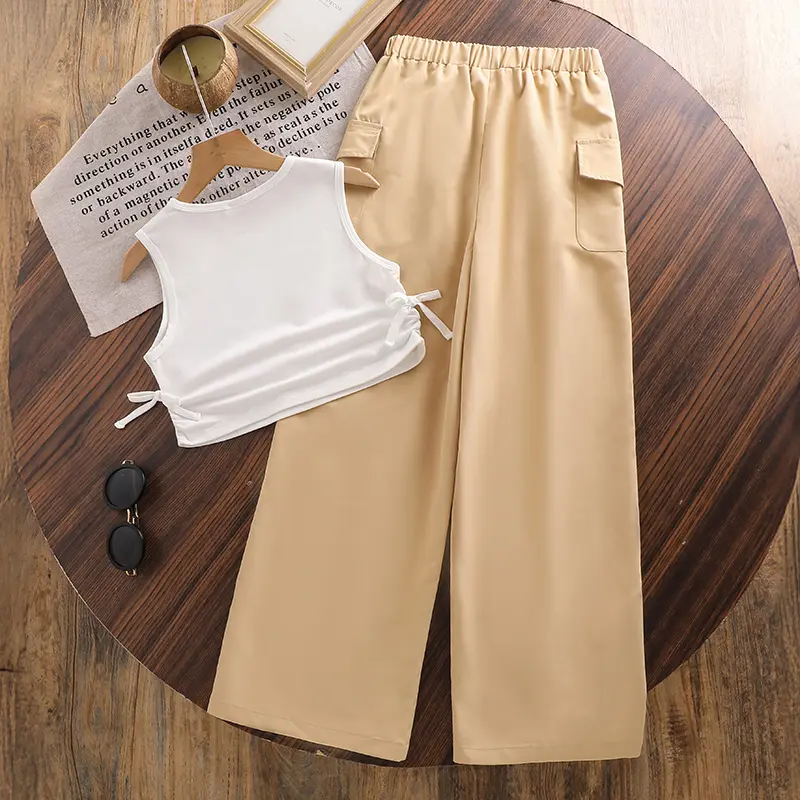 Children’s Clothing Summer Tow Pieces Set White O-Neck Sleeveless Top & Khaki Pants For Girls 8-12 Years Daliy Comfortable Set