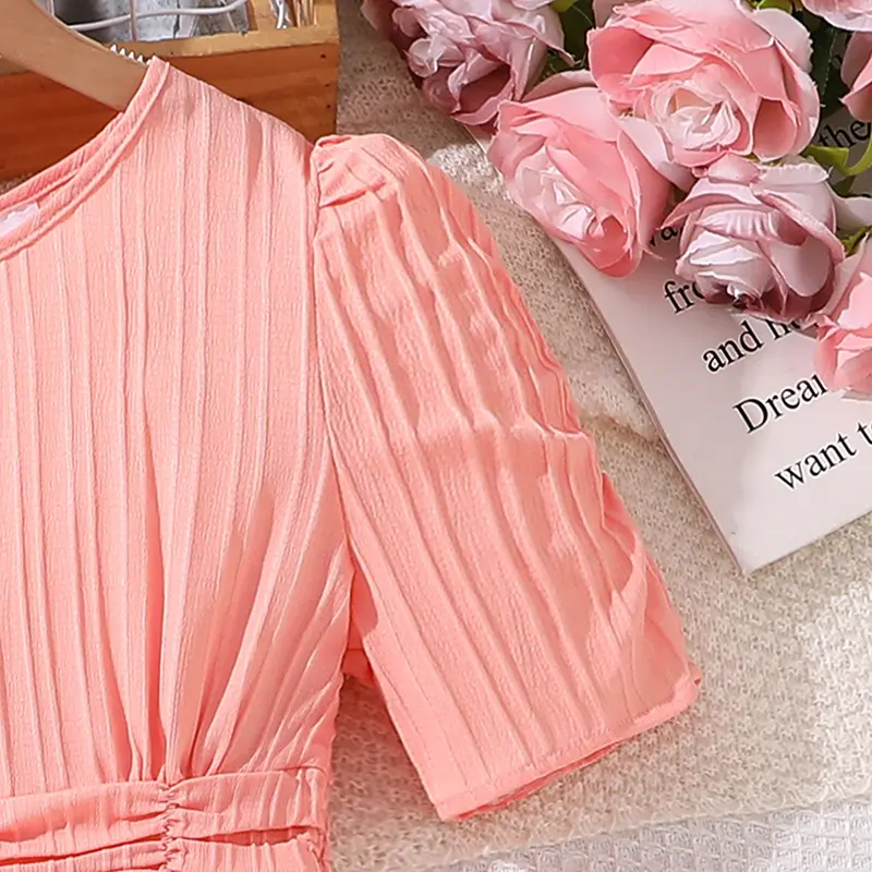 Children Summer 8-12 Years Old Girl Pinkish pin Short Sleeve Puffy Sleeve Dress Elegant Temperament Simple Classic Pleated Dress