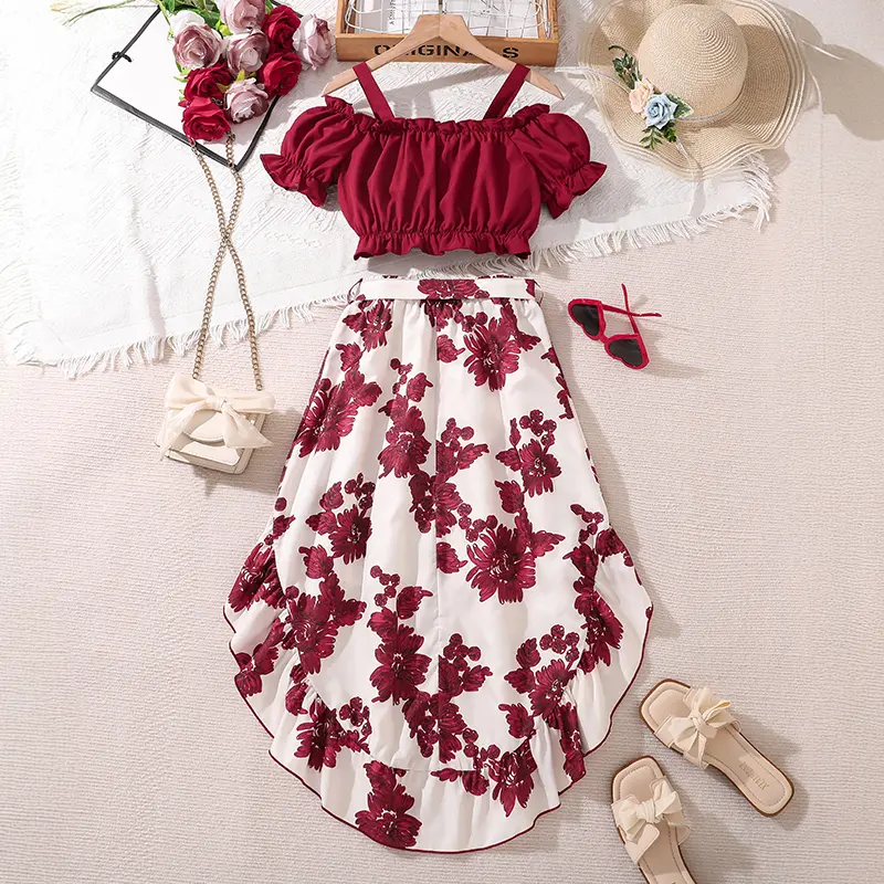 Clothing Sets For Kids Summer Off-shoulder Wine Red Crop-Top & Ruffled-Hem Irregular Hem Skirt 2PCS Girls