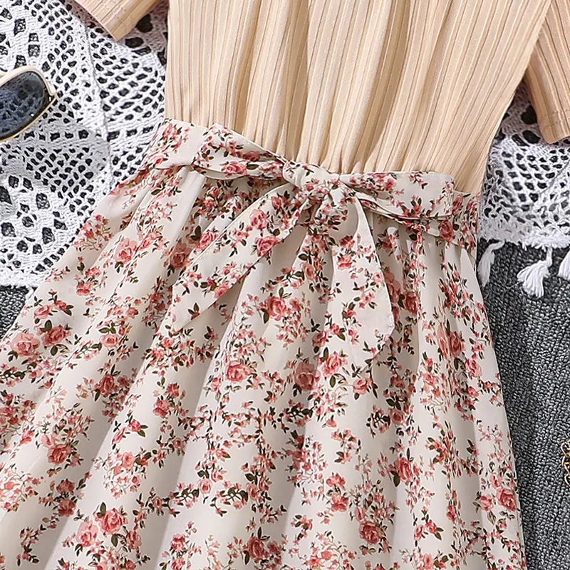 Dress Kids Girl Beige Knitted Belted Floral Patchwork Dress Summer Children Dress Cozy Kids Costume 2025 New OOTD Girls Dress