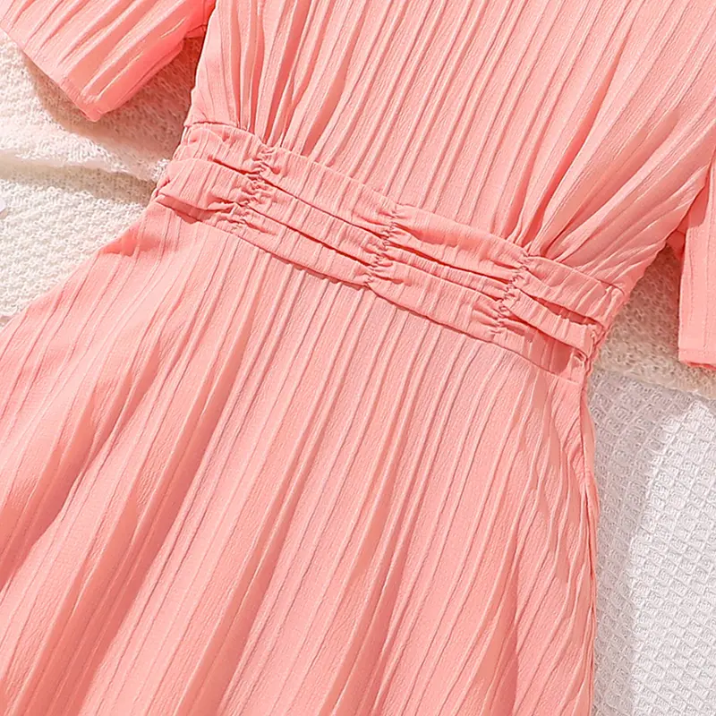 Children Summer 8-12 Years Old Girl Pinkish pin Short Sleeve Puffy Sleeve Dress Elegant Temperament Simple Classic Pleated Dress