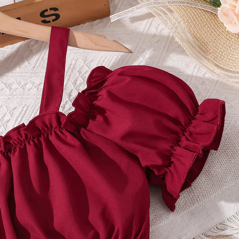 Clothing Sets For Kids Summer Off-shoulder Wine Red Crop-Top & Ruffled-Hem Irregular Hem Skirt 2PCS Girls
