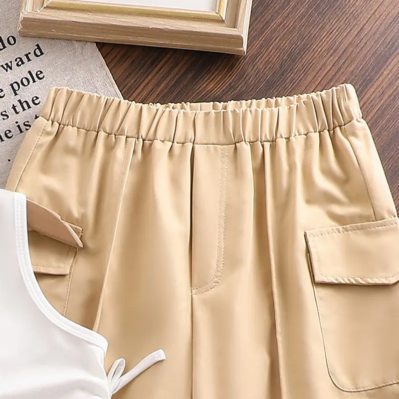 Children’s Clothing Summer Tow Pieces Set White O-Neck Sleeveless Top & Khaki Pants For Girls 8-12 Years Daliy Comfortable Set