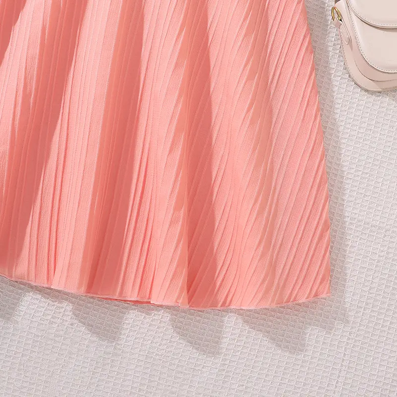 Children Summer 8-12 Years Old Girl Pinkish pin Short Sleeve Puffy Sleeve Dress Elegant Temperament Simple Classic Pleated Dress