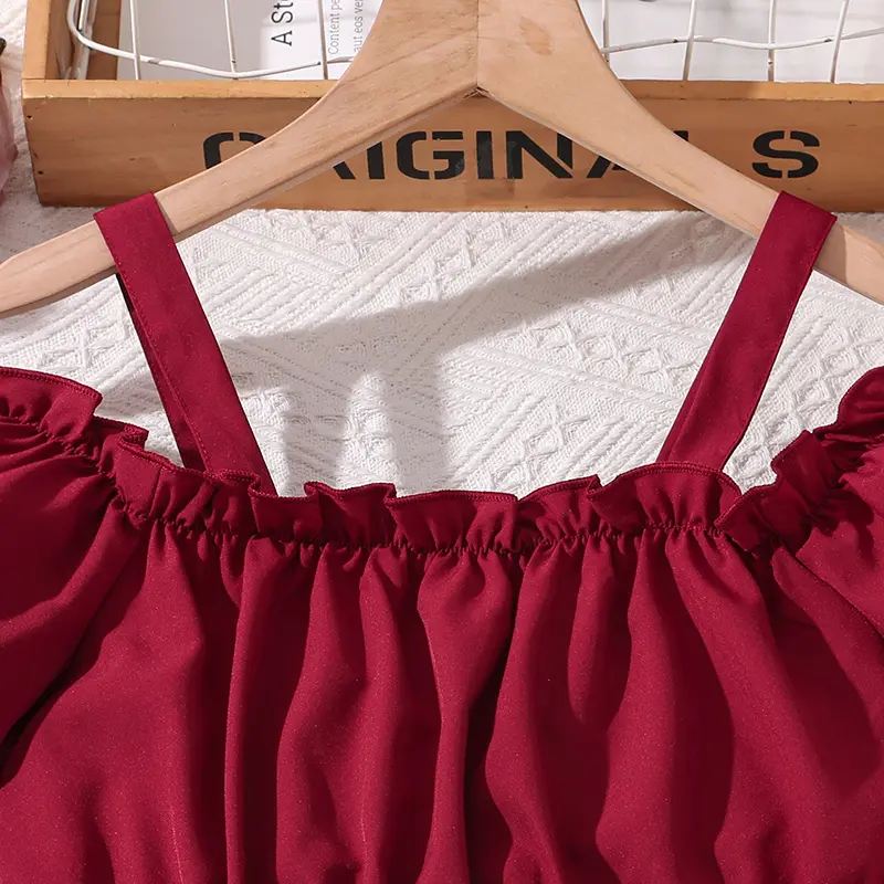 Clothing Sets For Kids Summer Off-shoulder Wine Red Crop-Top & Ruffled-Hem Irregular Hem Skirt 2PCS Girls
