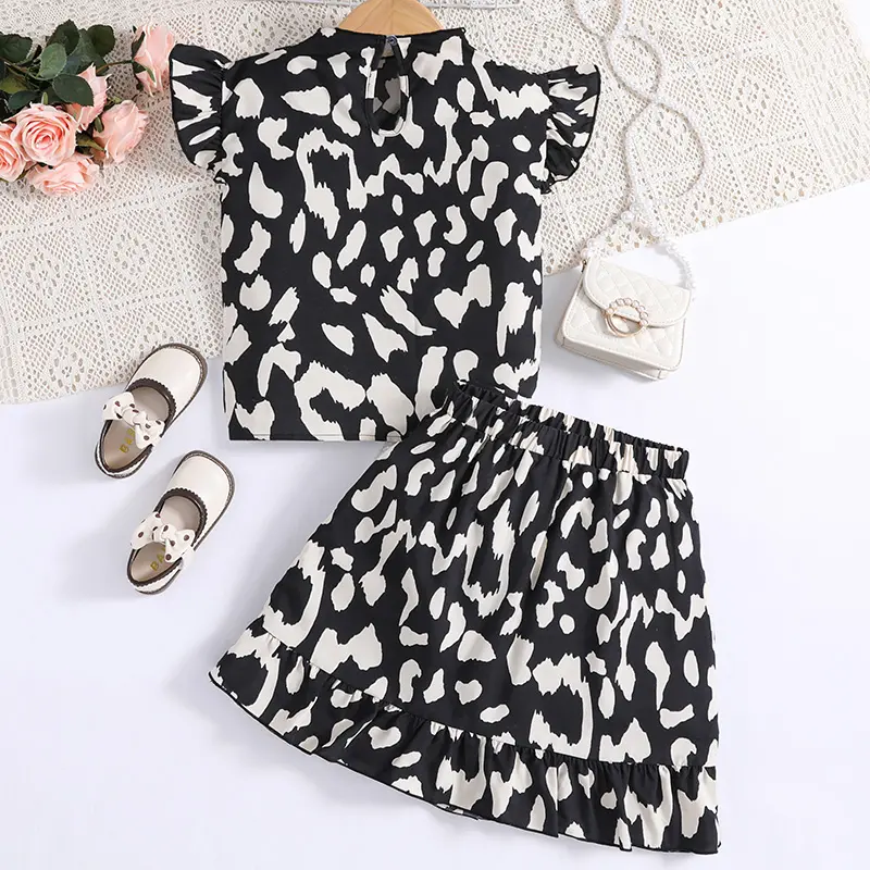 New Summer Designed Classic Girls Big Black Retro Pattern Top + Black Pattern Skirt 2PCS Suit Stylish Daily Casual Vacation