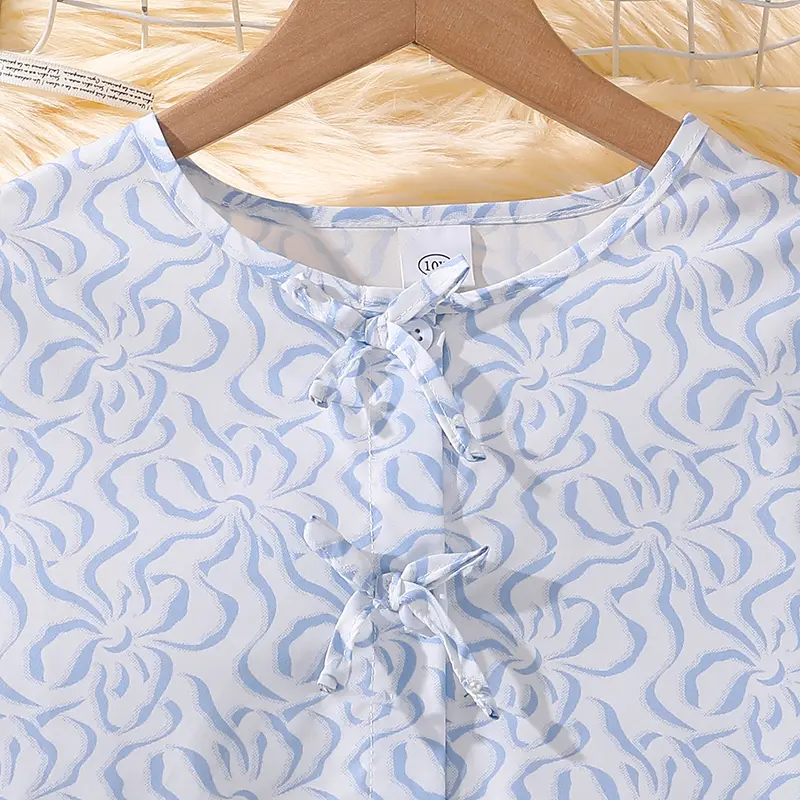 Children Spring And Autumn Dress For Girls 8-12 Years Blue Floral Long-Sleeved Dress Elegant Simple Style Birthday Party Clothes