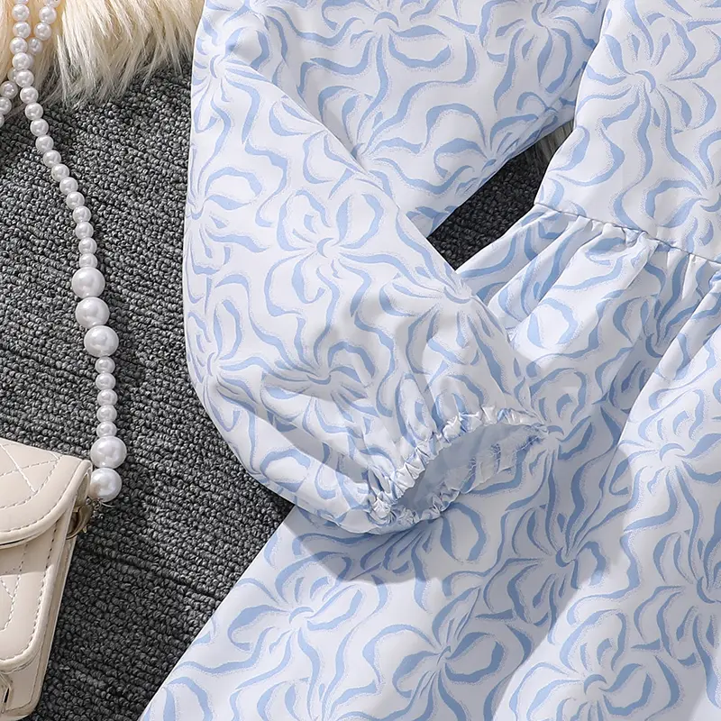 Children Spring And Autumn Dress For Girls 8-12 Years Blue Floral Long-Sleeved Dress Elegant Simple Style Birthday Party Clothes