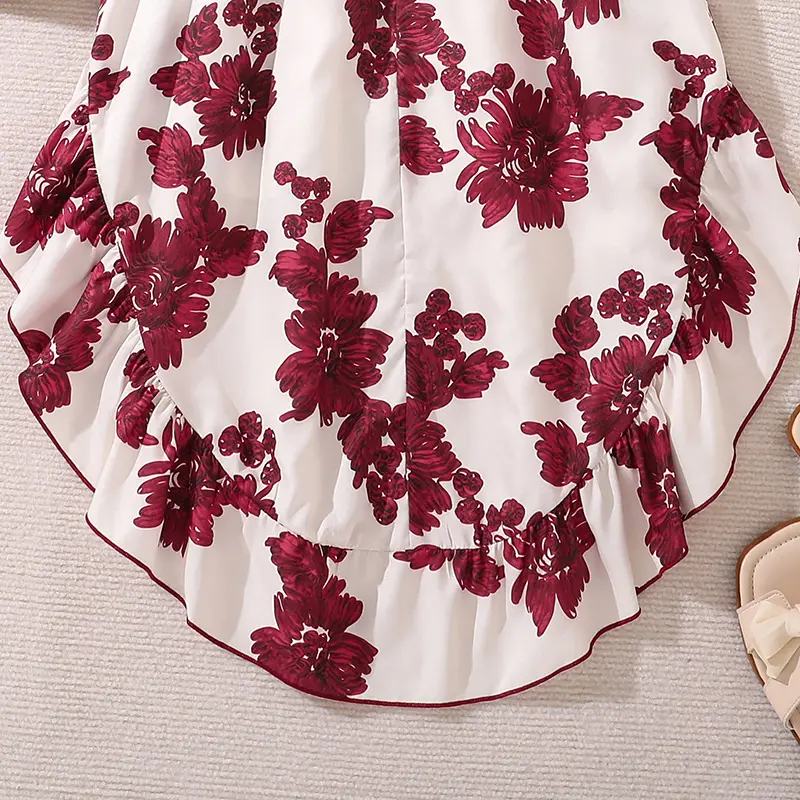Clothing Sets For Kids Summer Off-shoulder Wine Red Crop-Top & Ruffled-Hem Irregular Hem Skirt 2PCS Girls