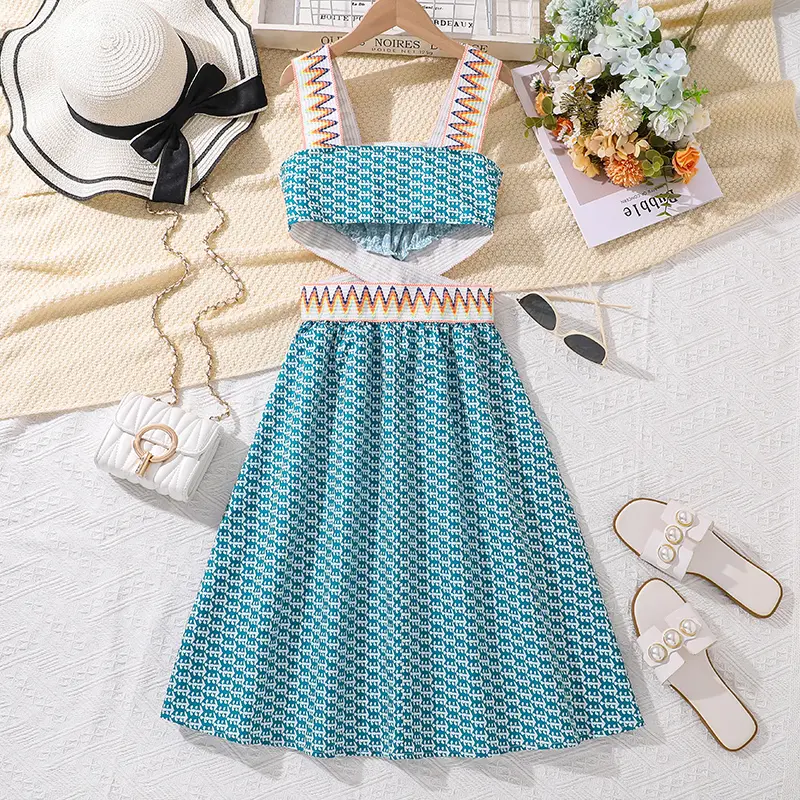 Kids Dress For Girls Waist Cross Openwork Design Sling Dress Trendy Girls Dress Summer Vacation Birthday Party Dress