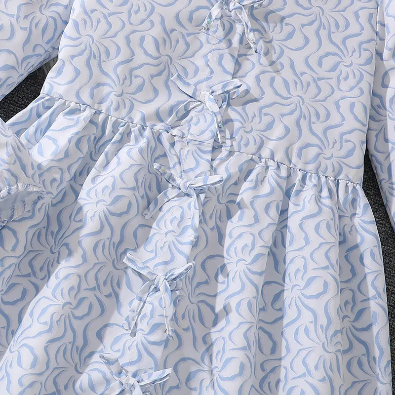 Children Spring And Autumn Dress For Girls 8-12 Years Blue Floral Long-Sleeved Dress Elegant Simple Style Birthday Party Clothes