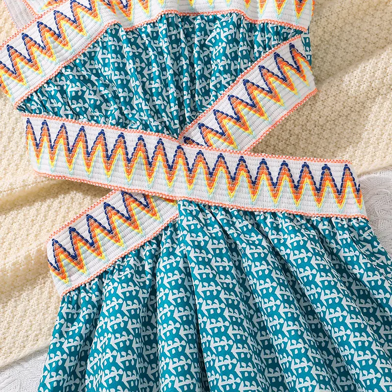 Kids Dress For Girls Waist Cross Openwork Design Sling Dress Trendy Girls Dress Summer Vacation Birthday Party Dress