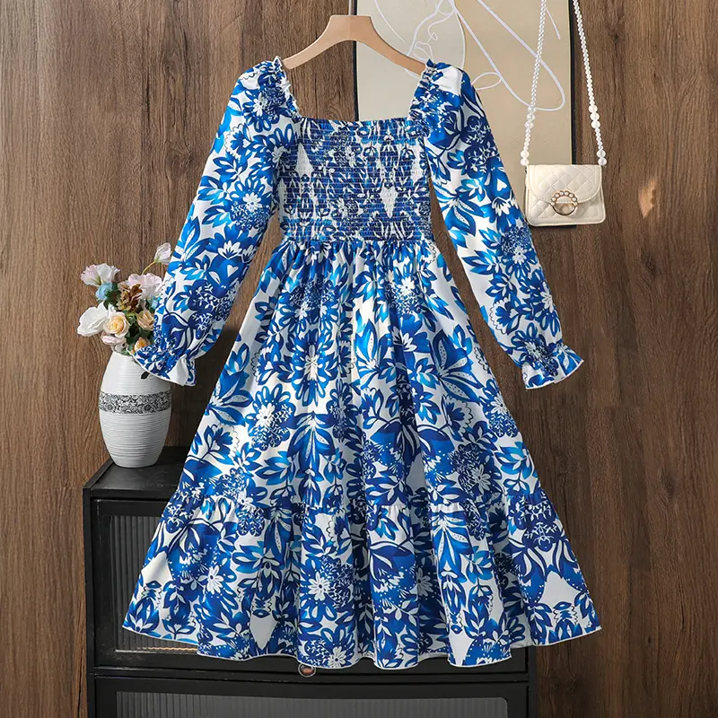 2025 Kids Autumn Fashion Clothing Solid Color Blue Print Square Collar Long Sleeve A-Line Dress For Girls 8-12 Years Daily Set