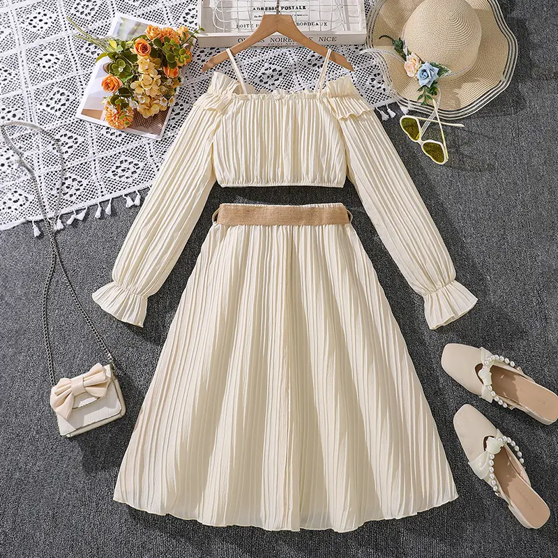 Kids Clothing Sets For Girls Solid Color Line Neck Long sleeve Top And Skirt Classic Design Simple And Generous Style Two-Piece