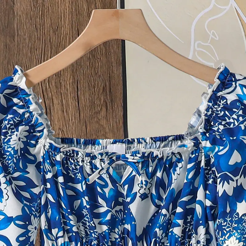 2025 Kids Autumn Fashion Clothing Solid Color Blue Print Square Collar Long Sleeve A-Line Dress For Girls 8-12 Years Daily Set